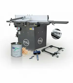 Pack dégauchisseuse raboteuse Holzprofi DR310 arbre hélicoïdal avec rallonge de table + roulette + glisse bois + clé dynamométrique