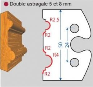 Contre/Fers ht. 50 x 5 m/m - Double astragale 5 et 8 mm (la paire)